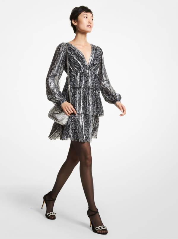 Damske Saty Michael Kors Metallic Snake Jacquard Tiered Čierne - Oblecenie Michael Kors Slevy | PCKBG-6872